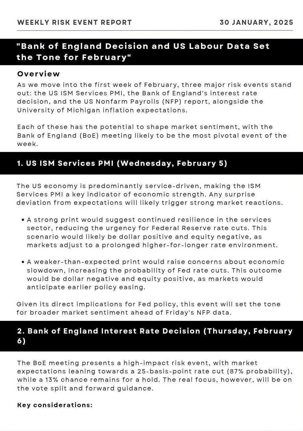 Weekly risk event report showing top events to trade